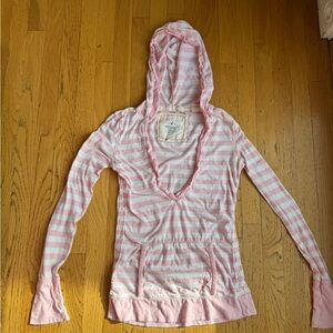 American Eagle Vintage Y2K Pink and White Striped V neck hooded top